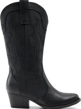 Women's Black Faux Leather Mid Calf Cowgirl Boots Point Toe Chunky Heel Boots